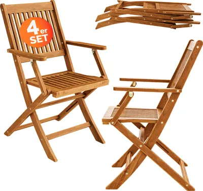 Produktbild von CASARIA Gartenstuhl Akazie 4er Set Braun, komfortabler Hochlehner, klappbar, mit Armlehnen, 160 kg, FSC®-zertifiziert. Modell Sydney. Maße: 56x54 cm, geklappt: 111x54x12 cm. Pflegeleicht & vorgeölt.