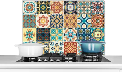 Obrázek produktu pro KitchenYeah® Splashback kitchen - Kuchyňský splashback - Ochrana stěny sporáku a dřezu - Květiny - Vintage - Vzor - Modrá - Oranžová 90x60 - Alu-Dibond (alternativa ke skleněnému splashbacku) - Tepelně odolný
