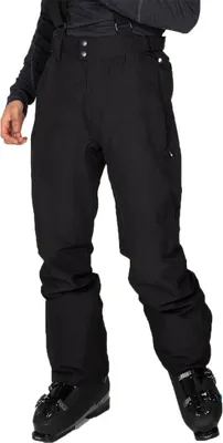 A person wearing black snowpants and ski boots.