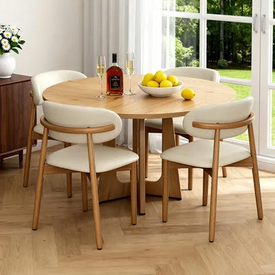 Produktbild von STILVORA Esstisch Set mit 1 Tisch und 4 Stühlen, Esstisch mit MDF-Tischplatte und Eichenfurnier, Esszimmerstühle aus Eichenholz mit Naturholzfarbe