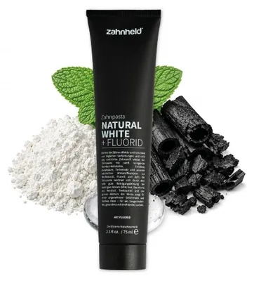 Produktbild von Zahheld Zahnpasta Natural White Zahncreme mit Aktivkohle und Fluorid, schwarze Zahnpasta milder Minzgeschmack, tägliche Zahnpflege, hellere Zähne