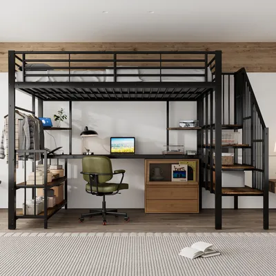 A loft bed with a desk and storage underneath, set up in a room with a rug.