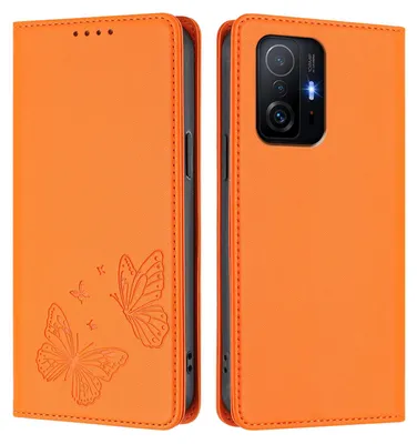 Obrázek produktu pro Kožené pouzdro pro Xiaomi 11T /Xiaomi 11T Pro, motýlí ražbou, peněženkové flip pouzdro se stojánkem Oranžová