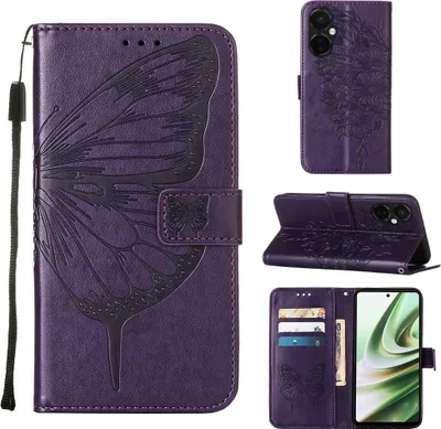 Produktbild von Lederhülle für OnePlus Nord CE3 Schmetterling Prägung Flip Ledertasche Kartenfächer Handyhülle mit Ständer Lila