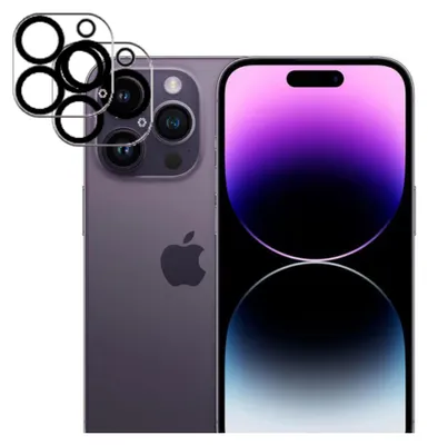 A smartphone with camera lens protectors shown in the foreground.