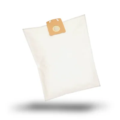 A white vacuum cleaner bag with a brown cardboard attachment, isolated on a white background with a shadow underneath.