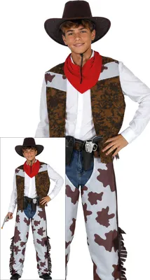 Productafbeelding van Cowboy-avontuur, Wildwest-kostuum, carnaval, outlaw, held, retro, festival, sheriff, cowboyhoed, bandana, wildernislook, westernlegende, klassieker. Maat: 14-16 jaar. Kleur: bruin