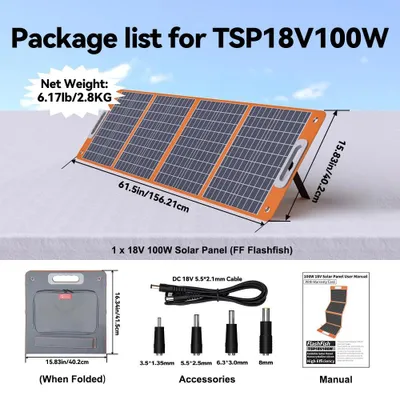 Zdjęcie produktu dla Składany panel słoneczny – TSP18V100W – 100 W, 18 V – monokrystaliczny – 4 panele, 72 ogniwa – DC, USB-C i QC 3.0 – do stacji zasilającej/generatora słonecznego