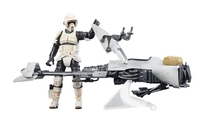 A Star Wars Scout Trooper action figure with a speeder bike.