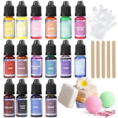 Image de Ensemble de 16 couleurs de pigments pour savon et résine époxy - 16 flacons de 10 ml