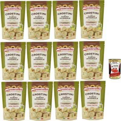 Produktbild von Panealba Crostini con Farina Integrale e Olio di Oliva, Croutons mit Vollmehl und Olivenöl Gesalzener Snack Nicht Gebraten Nicht Frittiertes, 12x 80 g + Italian Gourmet polpa 400g