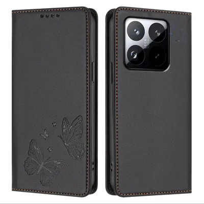 Produktbild von Lederhülle für Xiaomi 15T, Schmetterling Prägung Leder Brieftasche Schutzhülle mit Ständer Schwarz