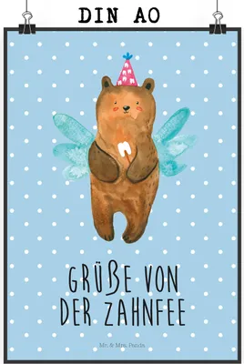 Produktbild von Mr. & Mrs. Panda Bild Bär Zahnfee DIN A0 - Blau Pastell - Geschenk, Wanddekoration, Milchzahn, drucke, Fee, Teddy, Wandbild, Erster Zahn, Plakat, wanddeko
