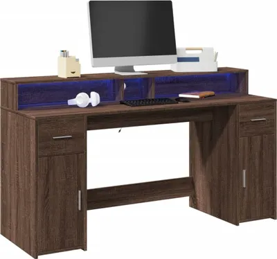 Image de Maison Exclusive - Bureau et lumières LED chêne marron bois d'ingénierie