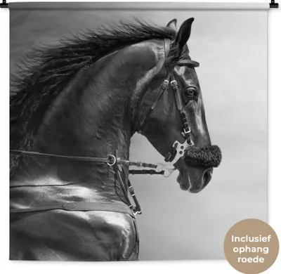 Produktbild von MuchoWow® Wandteppich Wandbehang Pferde - Schwarz - Porträt - Tiere 150x150 cm Tapisserie Dekoration Wandtuch - Wohnaccessoires - Modernes