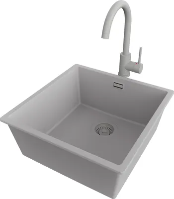 Produktbild von PRIMAGRAN Granitspüle Grau 46x47cm, Spülbecken 1 Becken + Küchenarmatur 32x20cm + Ablauf-Set, Küchenspüle ab 50er Unterschrank - London Slim