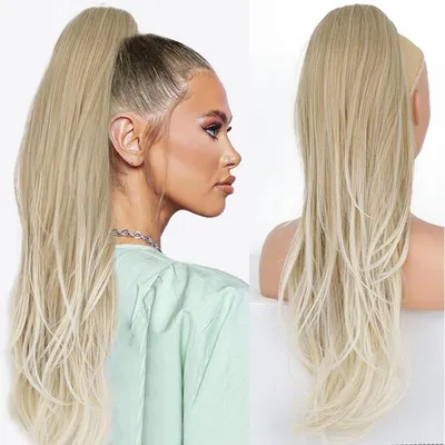 Zdjęcie produktu dla Pasemko do włosów, kucyk, sznurek, gładkie, falowane, syntetyczne włosy, 65 cm, ombre, jasny blond