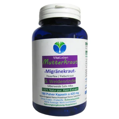 Produktbild von Mutterkraut + Weidenrinde 180 Kapseln [Migränekraut Feverfew Fieberkraut] - Frauen Universalmittel nach Hildegard von Bingen. NATUR pur