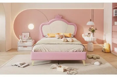 Immagine prodotto di Letto singolo imbottito - Dimensioni 90x200 cm - Rivestito in ecopelle rosa e bianca, con testiera a forma di