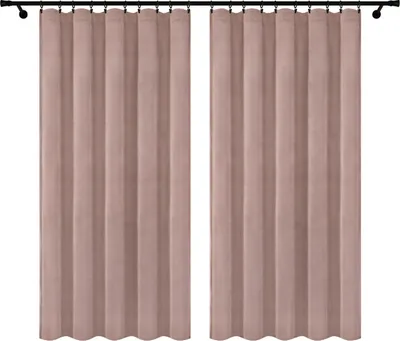 Two pink velvet curtains hanging on a black curtain rod against a white background.