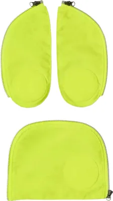 Three neon yellow zippered pouches are arranged in a top and bottom row against a white background.