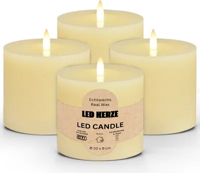 Image de Lot de 4 bougies LED en cire, flamme vacillante, Ø 10x9 cm, blanc crème