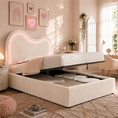 Image de Lit hydraulique avec sommier à lattes, dimensions 90x200 cm, revêtement en similicuir, lit pour enfant, lit simple avec espace de rangement, lit pour adolescents, lit avec espace de rangement, tissu velours, couleur beige