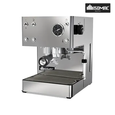 A professional studio shot of a stainless steel espresso machine against a white background.