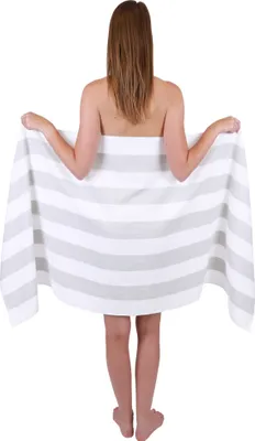 Produktbild von Betz XXL Saunatuch 70 x 180 cm STREIFEN BERLIN  Badetuch 100% Baumwolle Farbe – weiss/silbergrau