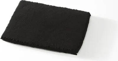 A black rectangular object with a textured surface and stitched edges, placed on a white background with a shadow.