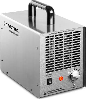 A silver ozone generator with a black handle is shown from a slightly elevated front-left angle against a light gray background.