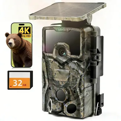 Produktbild von 4K Wildkamera Solar 48MP Wildkamera mit Bewegungsmelder Nachtsicht 120° Winkel 2 Zoll Bildschirm Erfassungs 0,3s Auslösezeit 32GB TF-Karte Wasserdicht