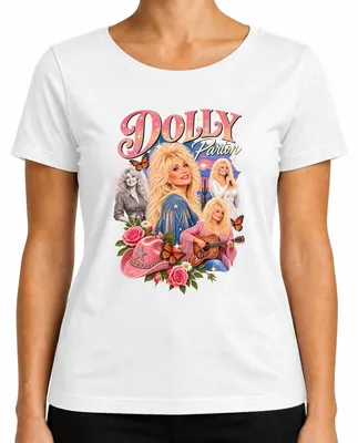 Immagine prodotto di Maglietta da donna, colore bianco, taglia S, con stampa retrò raffigurante Dolly Parton, cantante di musica country, in stile cowgirl, con una chitarra western