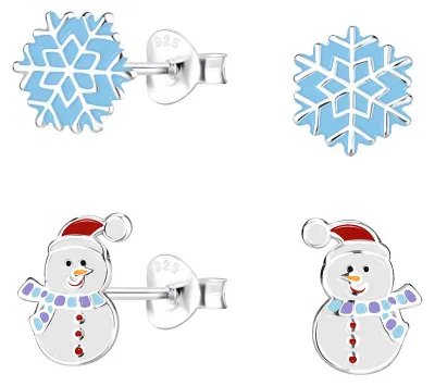 Produktbild von 2er Set Weihnachtsohrringe Silber 925 Ohrstecker Schneemann & Schneeflocke