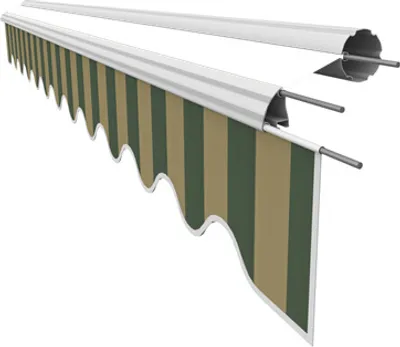 A striped awning fabric with its roller mechanism, shown against a white background.