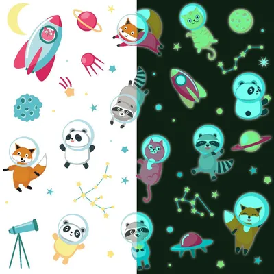 Produktbild von Leuchtsticker – Astronauten und Tiere im Weltraum – Fluoreszierender Wand-/Deckensticker für Kinder – 160 x 120 cm