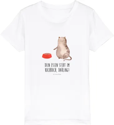 Produktbild von Mr. & Mrs. Panda Kleinkinder T-Shirt Katze Fressen 3-4 Jahre (98/104) - Weiß - Geschenk, Kinder Baumwollshirt, Kindershirt, Kurzarm, Öko, Teenager