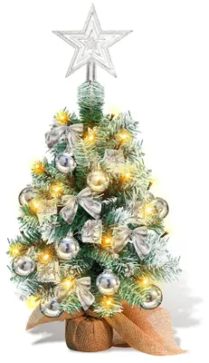 Produktbild von Vigevee Mini Weihnachtsbaum Tannenbaum Künstlicher Christbaum mit LED-Lichterkette, Tischdeko mit Christbaumkugeln und Schleife, 40cm Silber