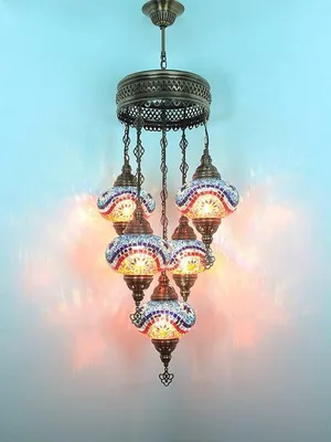 Image de Suspension turque à 5 globes en verre mosaïque bleu et multicolore – Lustre oriental avec 5 boules en verre