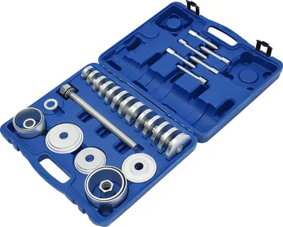 Image de Kit d'outils pour roulements de roue - Démontage et montage des roulements de moyeu - 31 pièces - Universel - Pour essieux avant et arrière - Adaptateur à pression - Bleu