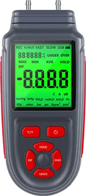 Obrázek produktu pro Digitální tlakoměr Hyuduo, podsvícený displej LCD, přepínatelná jednotka, dvoukanálové zobrazení tlaku, měření teploty a další funkce, duální způsob napájení,