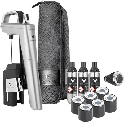 Productafbeelding van Timeless Six+ Wijnbewaarsysteem - Wijnschenker & Vacuümstopper - Beschermt wijn 2+ jaar tegen oxidatie - Incl. Beluchter & Draagtas - Zilver
