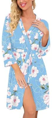 Imagen del producto de Bata para mujer - Manga 3/4 - Azul claro - Estampado floral