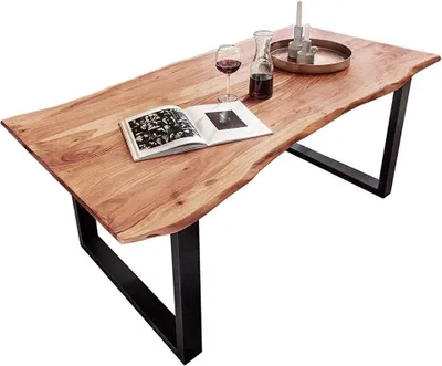 Produktbild von Esszimmertisch 260x100 cm Quinn, echte Baumkante, naturfarben, massiver Esstisch aus Akazienholz, Metallbeine Schwarz, Baumkantentisch
