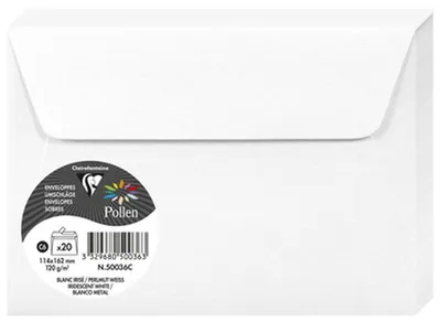 Produktbild von Clairefontaine 50036C - Packung mit 20 Umschläge selbstklebend, Format C6 (11,4x16,2cm), 120g, ideal für Einladungen und Korrespondenz, Weiß Perlmutt,