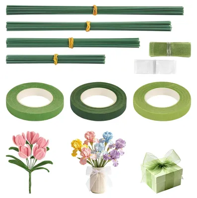 Produktbild von Blumendraht Set grün, 120 Stück, verschiedene Längen, mit Floristen- und Organzalinten für die Floristik