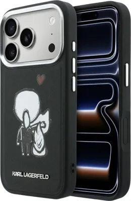 Image de Étui pour iPhone 17 Pro, Karl Lagerfeld Hardcase Leather avec MagSafe, noir avec Karl Lagerfeld et son chat Choupette