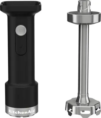 A black KitchenAid immersion blender handle and its silver blending attachment are shown against a white background.