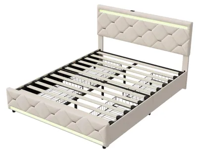 Obrázok produktu pre Postel s čalúneným rámom 140×200 cm – dvojlôžko s úložným priestorom a 4 zásuvkami – rošt – LED čelo s odkladacou plochou a 2 USB portami – zamat – krémová farba