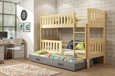 Zdjęcie produktu dla Łóżko piętrowe dla dzieci z dostawką i materacami 80 x 190 BRIGID – sosna/grafit